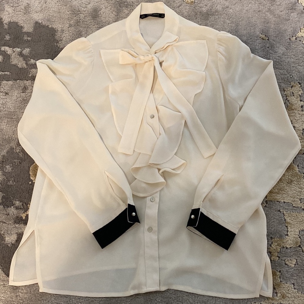 Zara Basic Collection Cream/Black Piped/Sleeve Ru… - image 1